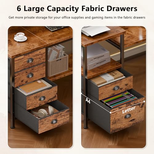 Image of Furologee 95 inch Two Person Computer Gaming Desk, Long 2 Person Home Office Desk with 6 Drawers & Storage Shelves, Double Table with Power Outlets, LED Lights and Full Monitor Shelf, Rustic Brown