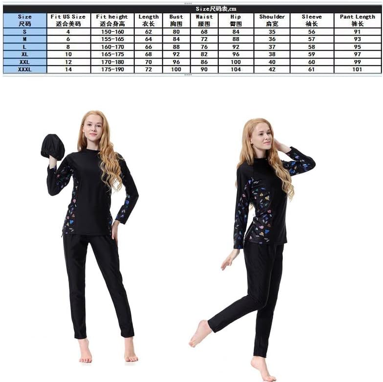 女性控えめなイスラム教徒の水着フルカバレッジ水着、保守的な女性控えめな水着長袖ブラウス+レギンス+帽子3pcs女子女性の入浴スーツ