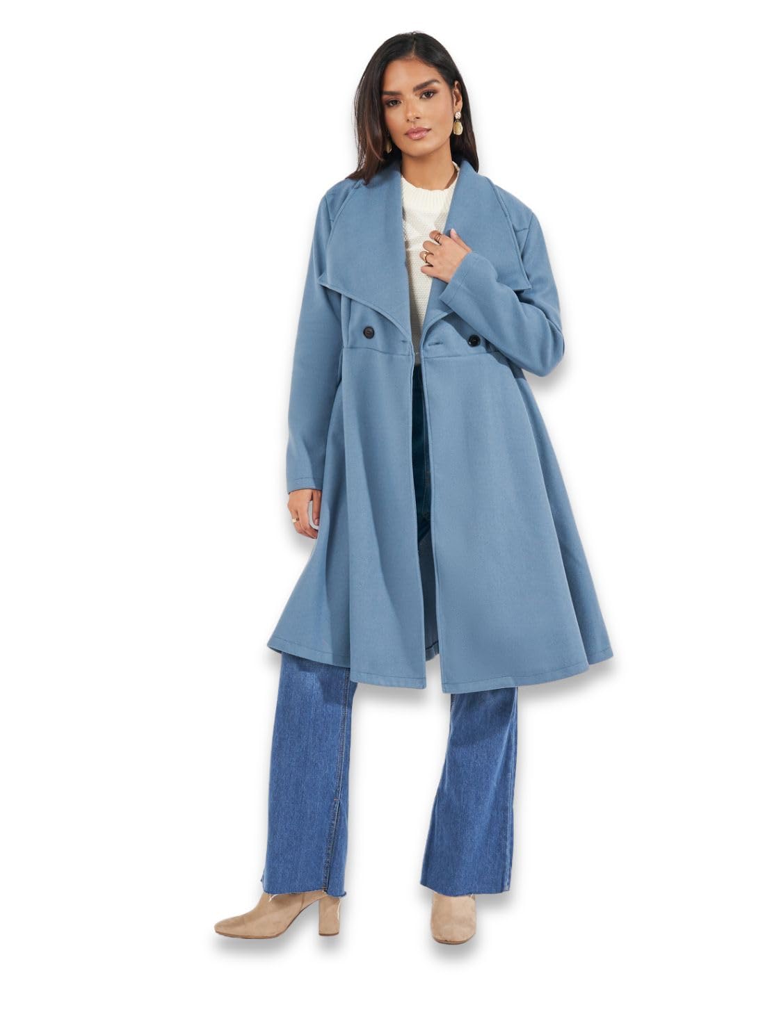 styli Women's A-Line Coat (70092916_Medium Blue_S)-picture-36