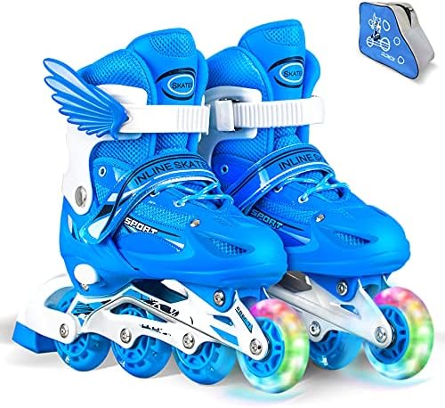 Adjustable Inline Skates for Boys Girls，Roller Single Flash Blades Skates for Kids Women Men Size Beginners Outdoor and Indoor(Blue, M)