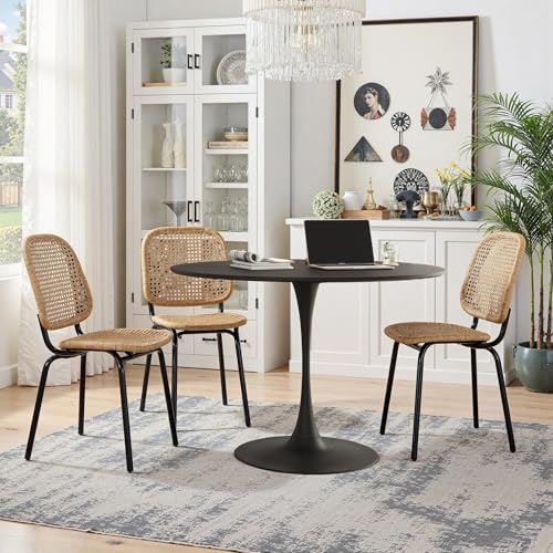 VIEKOS Moderna mesa de comedor redonda de 120 cm de diámetro; tablero de patchwork en negro con aspecto de madera, estructura de metal, también utilizable como mesa auxiliar