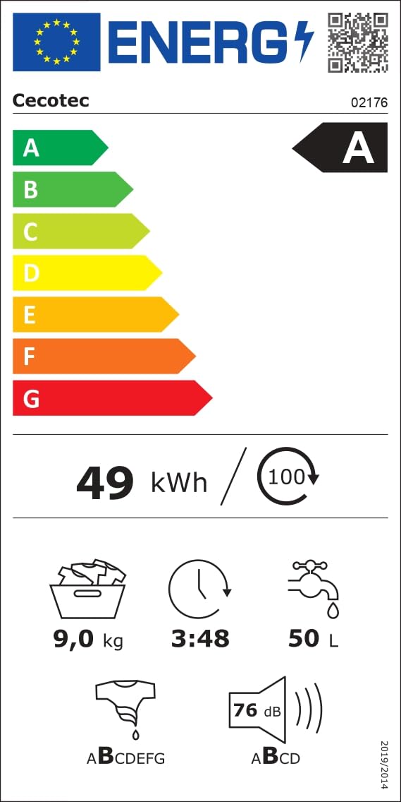 Cecotec Lave-Linge 9Kg Chargement Frontal Bolero Dresscode 9410 Inverter A. 1900W, 1400 tr/min Réglable, 16 Programmes, Faible Consommation d'Énergie, Vapeur, Stérilisation du Linge