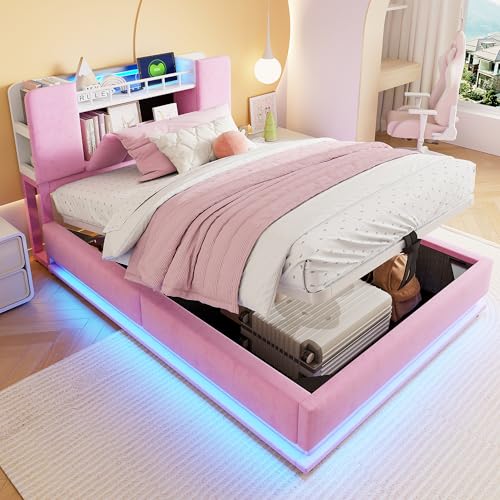 Ktipm Cama Tapizada 90x200 cm Camas Infantiles con Almacenamiento Abatible y Iluminación LED, Cama 90 con USB y Almacenaje Hidráulico, Camas Juveniles Individuales, Terciopelo, Sin Colchón, Rosa