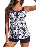Hanna Nikole Full Coverage Swimsuits White Leaves Tankini Sets Loose Bathing Swimming Board Shorts Swim Dresses Tummy Control Medium