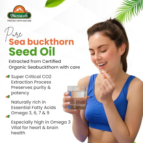 Image of Biosash Sea Buckthorn Seed Oil Capsules 30 Caps | CO2 Extracted from Certified Organic Berries | Omega 3 6 7 9 | Liver Health | Rich in Antioxidants & Vitamins | Skin, Hair, Immunity & Wellness |