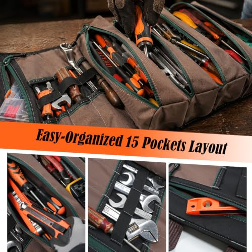 WELKINLAND-15-Pocket-Tool-Roll-Heavy-Duty-Green-RipStop-15L-Capacity-Easy-Access-Roll-Up-Tool-Bag-Fully-Opened-Roll-Up-Tool-Pouch-Durable-Tool-Wrap-Roll-Tool-Roll-Bag-Organizer-For-Mechanic