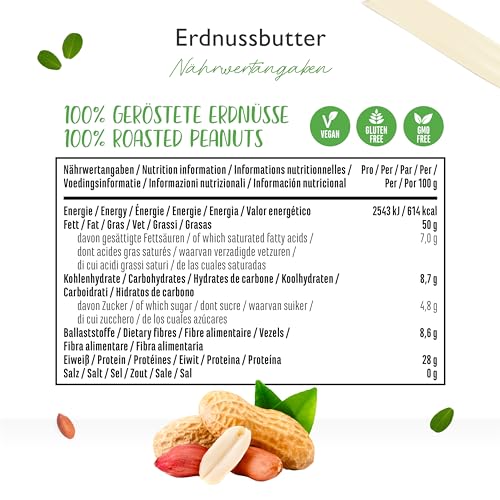 Erdnussbutter Crunchy - 1kg natürliche Peanut Butter Ohne Zusätze - High Protein - Erdnussmus ohne Zusätze von Salz, Öl oder Palmfett - Vegan