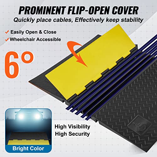 Image of VEVOR 5 Channel Rubber Cable Protector Ramp, Heavy Duty 22000 lbs /axle Capacity Wire Hose Cord Cover Ramp, ADA Compliant Driveway Road Hump, Traffic Speed Bump w /Flip-Open Top Cover