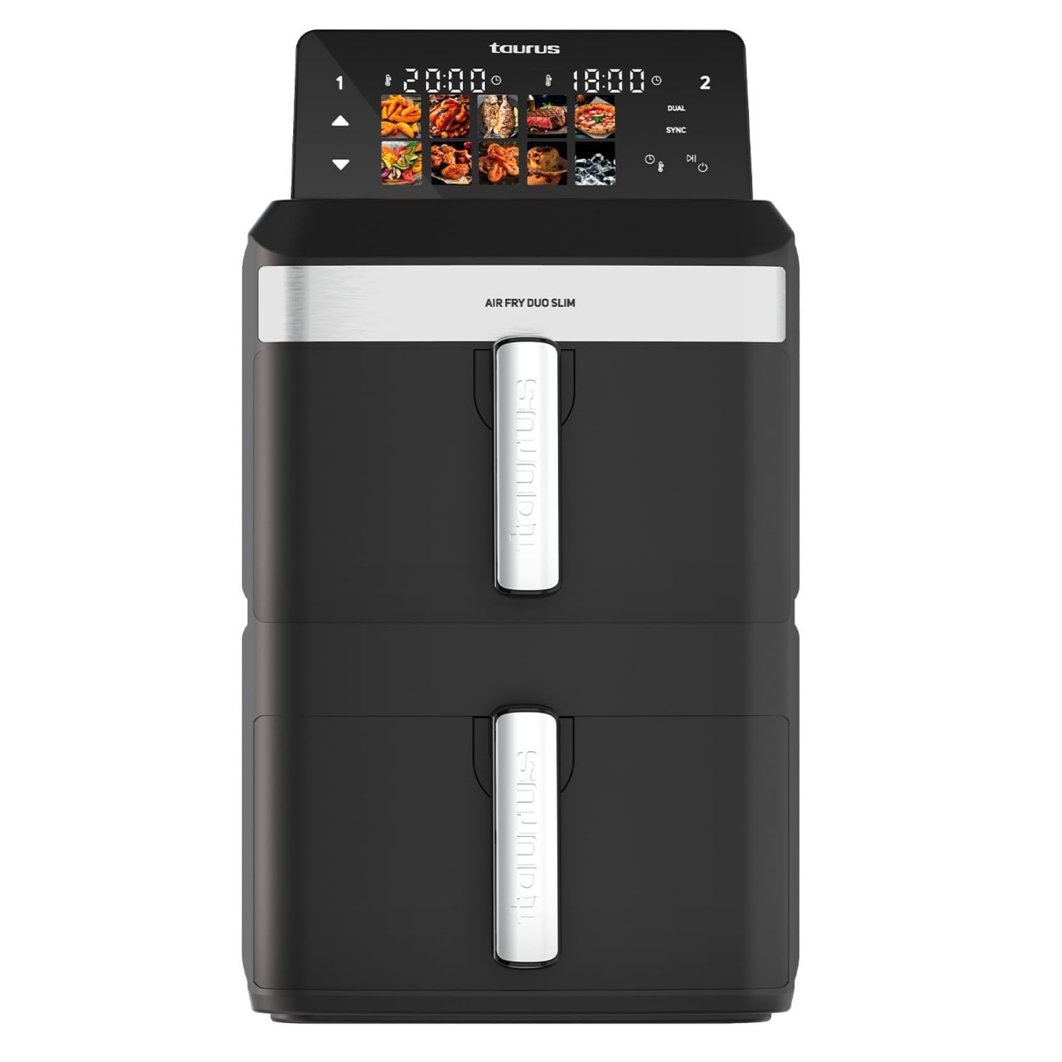Taurus Friteuse sans huile Duo Slim | 13 L | 14 personnes | 2 paniers | Cuit 2 assiettes en même temps | 10 programmes | Minuterie 90 min | Compact | Écran tactile numérique