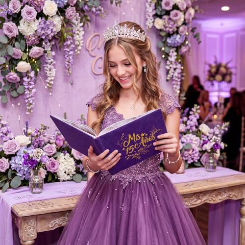 Image of MotiMind Quinceanera Guest Book with Pen 11 x 8 Inch Libro De Firmas Para 15 Anos Quinceanera Leather Hardcover Signature Guest Sign in Book for 15th Party Favors Decoration(Dark Purple,Vintage)