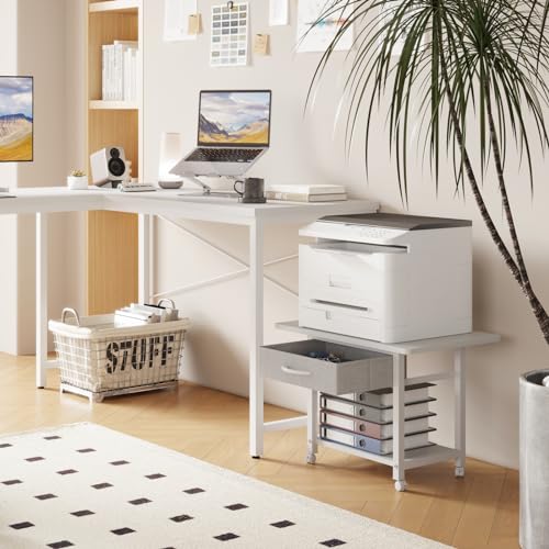 Image of YAOHUOO 22 inchx15 inch Large Printer Stand with Drawer, 2-Tier Rolling Table Cart | Under Desk Printer Table,Storage Fabric Drawer,Fit printer /fax /3d /scanner,4 Lock Wheels or Feet,For Home Office Dorms,White