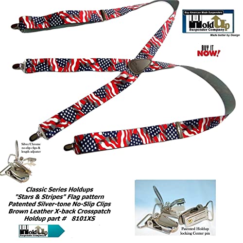 1 1/2" Wide Classic Series Stars & Stripes Xs Holdups In X-Back Style W/Usa Patented No-Slip® Silver Clips #TOP2