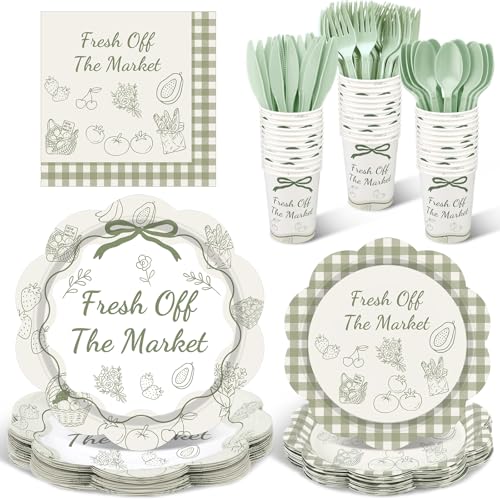 Zubebe 175 Pcs Fresh Off the Market Bridal Shower Decorations Disposable Tableware Set Farmers Floral Theme Paper Plates Napkins Cups Forks Bachelorette Party Supplies Serves 25