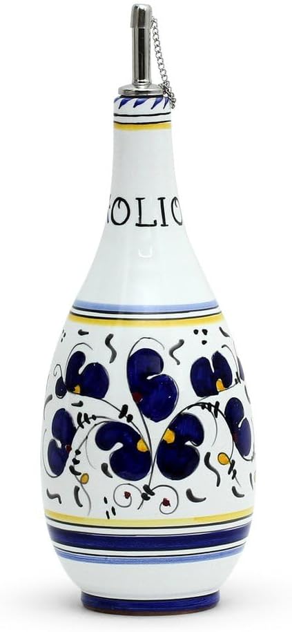 ORVIETO BLUE ROOSTER: Olive Oil Slim Bottle Dispenser - Handpainted in Italy. Shipped from the USA with Certificate of Authenticity.