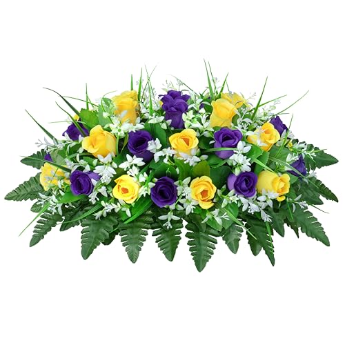 LVXINLI Artificial Cemetery Flowers Saddle-Shaped Tombstone Decorations Non-Fading UV-Resistant（ Yellow+Purple Saddle） image 8