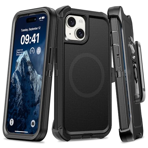 TUTUKII Magnetic Phone Case for iPhone 13/14/15 6.1 with Belt Clip Holster Heavy Duty Rugged Protective Cover Compatible with Magsafe Military Grade Drop Protection Dark Black