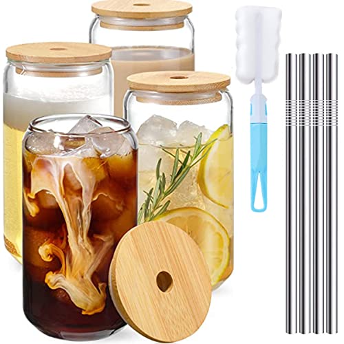 4pcs Transparent Glass Cups with Lids & Straw 500ml Large Drinking Glasses Can Shaped Beer Glasses Tumbler for Cold Drinks Juice Coffee Cocktail Soda