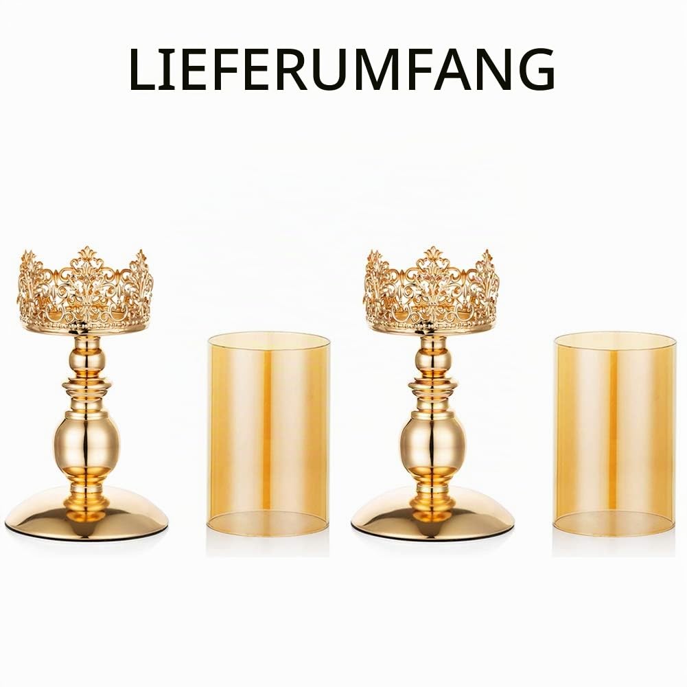 NUPTIO Säulenkerzenhalter mit Glas, 2er Set Hurricane-Kerzenhalter aus Gold Moderne Wohnkultur Geschenke, Kerzenlichthalter für Einweihungspartys Zum Hochzeitstag, Kleine Größe