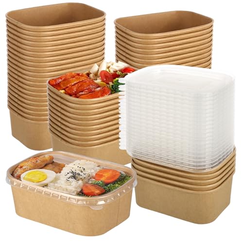 50 Pack 25oz Disposable Kraft Paper Bowls with Lids, Rectangle Meal Prep Containers Bulk, Large Paper Salad Bowl, Leakproof Food Containers Treat Soup Serving Bowls, Microwave Safe for Hot/Cold Food