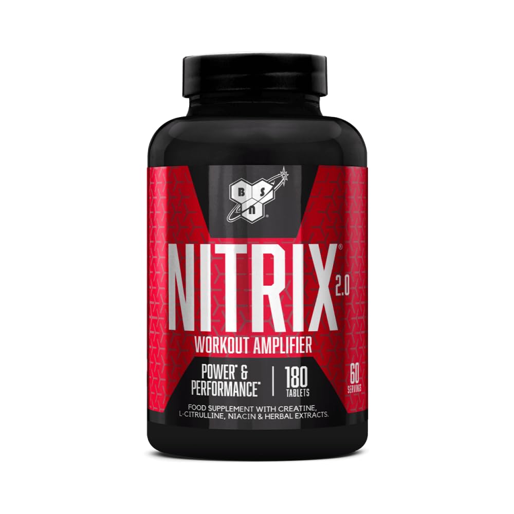 BSN Nitrix 2.0 Complément alimentaire, oxyde nitrique avec acide aminé L-Citrulline, niacine, poivre noir et extraits de plantes, nutrition sportive, non aromatisé, 180 gélules, 60 Portions