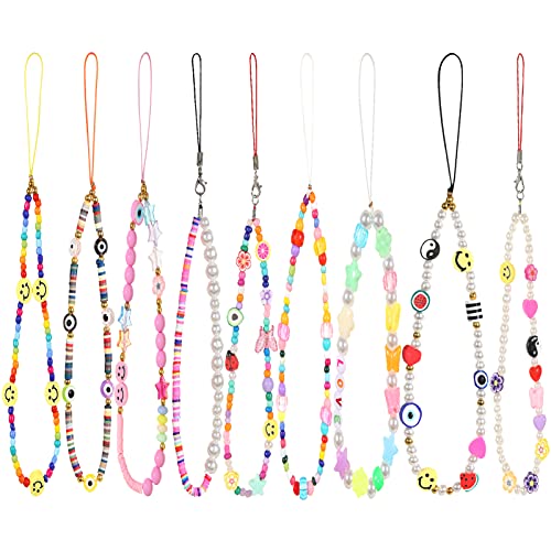 9 PCS Phone Charm Strap String, Clay Acrylic Beaded Phone Charm for Women Teen Girls, Phone Keychain, Y2K Phone Bracelet, Rainbow Color Phone Wrist Strap