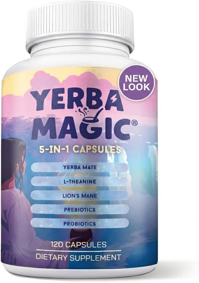 Brainista Yerba Magic 5-in-1 Capsules – Yerba Mate Energy + Lion’s Mane, L-Theanine, Prebiotics & Probiotics - Calm Focus, Gut Support & Clean Energy - 100mg Natural Caffeine | 30 Servings