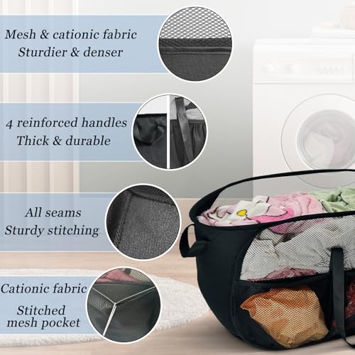 Image of Upgraded Cationic XL Collapsible Laundry Baskets, 100L Extra Large Mesh Pop Up Hamper with Handles and bag, Portable Stair Basket, Dirty Clothes Hamper for Cruise Travel Bedroom. Black