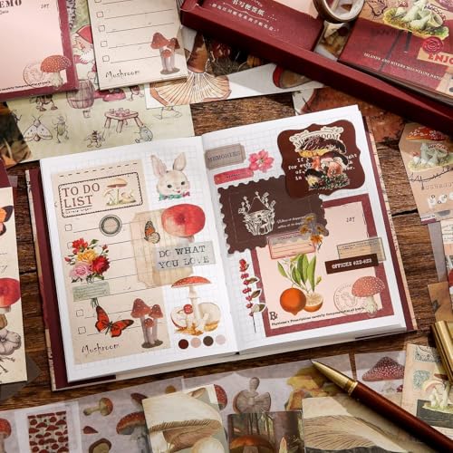 Image of RANDEN Mushroom Journaling Kit, 346PCS Vintage Scrapbook & Stationery Set with Aesthetic Stickers, Ephemera Pack and Journal Supplies for Bullet Journals, Planners, Albums & Creative Crafts (Mushroom)