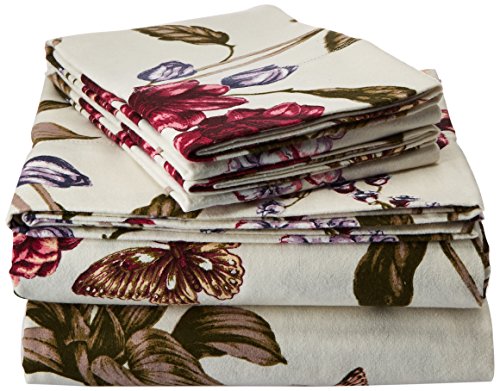 Tribeca Living BL200HSEDSSQU 200 GSM Blossoms Printed Deep Pocket Flannel Sheet Set, Queen