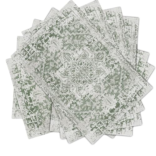 Image of Gray Sage Green Boho Placemats Set of 6 Ethnic Bohemian Carpet Place Mats Washable Kitchen Dining Vintage Grey Geography Floral Linen Table Mats Stain Heat-Resistant for Home Party Indoor 12x18 in