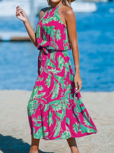 Image of CUPSHE Women's Midi Dress Halter Floral Sleeveless Belted Ruffled A Line Casual Summer Dress
