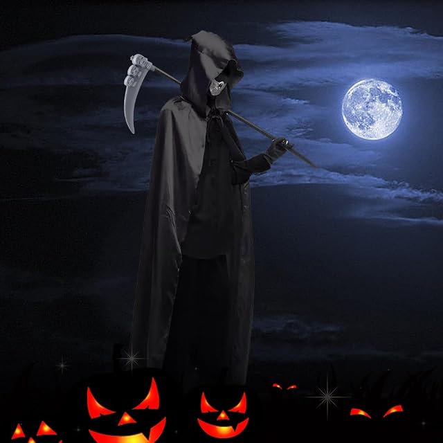 Foto 6 de 7 de Horuili® Disfraz de Muerte, Traje de Halloween con Capucha, Guadaña, Máscara y Guantes