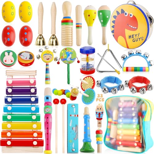 MZJAUVF Brinquedos instrumentos musicais, 33 peças instrumentos musicais madeira para criança, educador musical de bebé, brinquedos de madeira para bebé, instrumentos musicais infantis, jogos