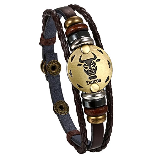 Flongo Bracelet Cuir Alliage Signe Astrologie Taureau Multi-Rangs Perle Tressé Réglable Fantaisie Chaîne de Main pour Femme Homme Couleur Brun