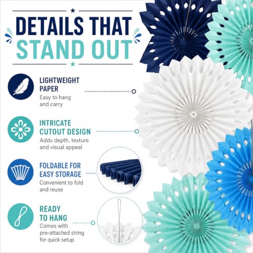 Image of Blue White Hanging Honeycomb Round Paper Fans Decoration Kit for Baby Boy Shower Birthday Navy Ocean Wedding Under The Sea Theme Photo Booth Backdrops Paper Party Supplies 11 Count