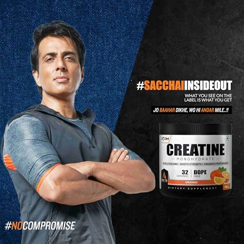 Image of AS-T-IS Nutrition ATOM Creatine Monohydrate Powder 100G-32 Servings | Dope Free | Enhances Performance | Promotes Muscle Gains | Orange
