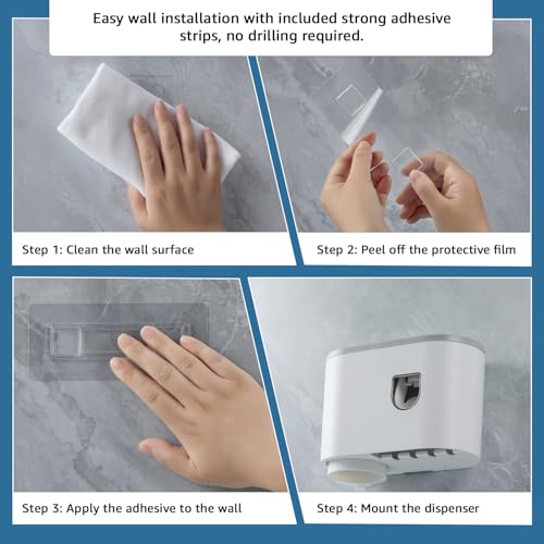 Image of Amazon Basics Wall-Mounted Toothbrush Holder with Automatic Toothpaste Dispenser | 1 Magnetic Cup | White | 20.5L x 10W x 14.5H cm