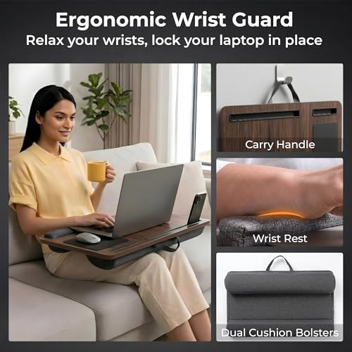 Image of Artikel Lap Desk Pillow for Laptop - Fits Up to 17 inch Laptop Portable Bed Desk Tray Built-in Mouse pad& Wrist Support-Wooden Lapdesk for Work from Home & Study with Cushion (Brown)