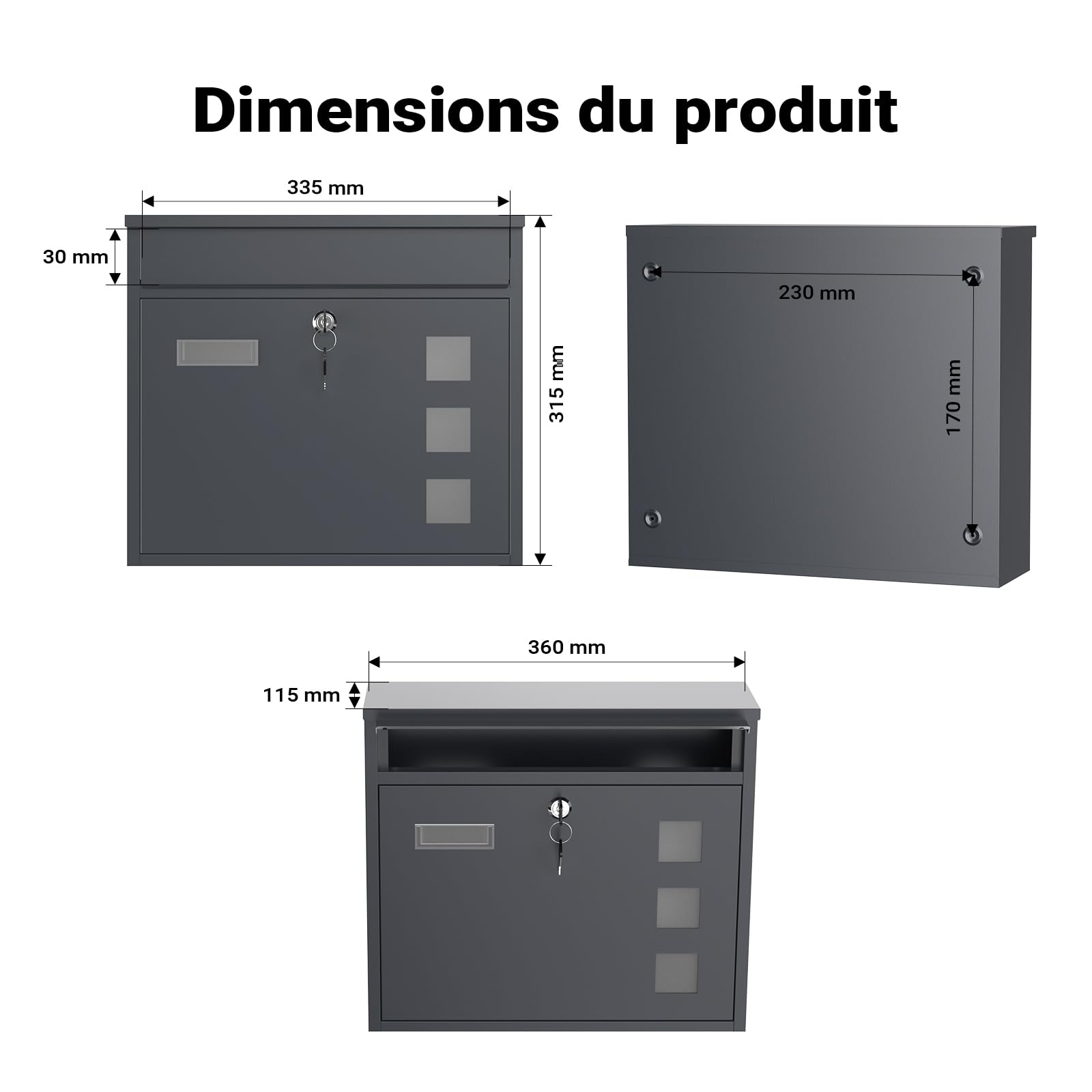 Wiltec Boîte aux Lettres Murale V12, Verrouillable, Couleur Anthracite, Acier galvanisé, 360 x 115 x 320 mm, avec Clapet, Fenêtres et Porte-nom