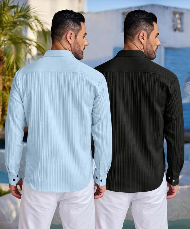 Image of FINIVO FASHION Men's Cotton Blend Shirt Set Lightweight, Full Sleeves, Plain Texture, Button Closure, Summer Ready (Pack of 2)