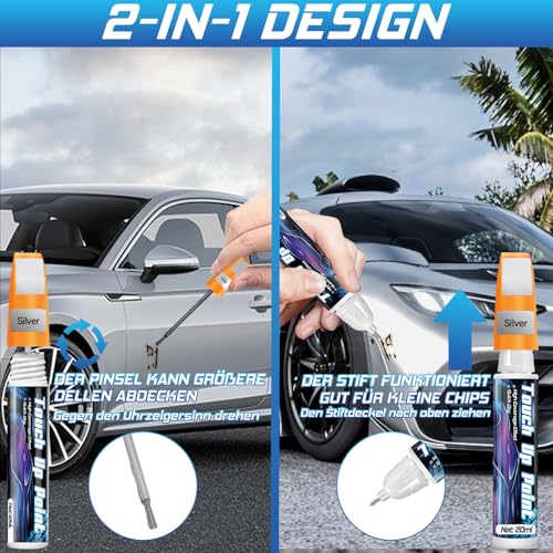 prowithlin Lackstift Auto 2 Stück - Professioneller Lackstift für Auto Kratzer - Schnelltrocknend und Präzise Reparatur - Auto Lack Reparatur Stift, 40ml (2 Stück, Silber)
