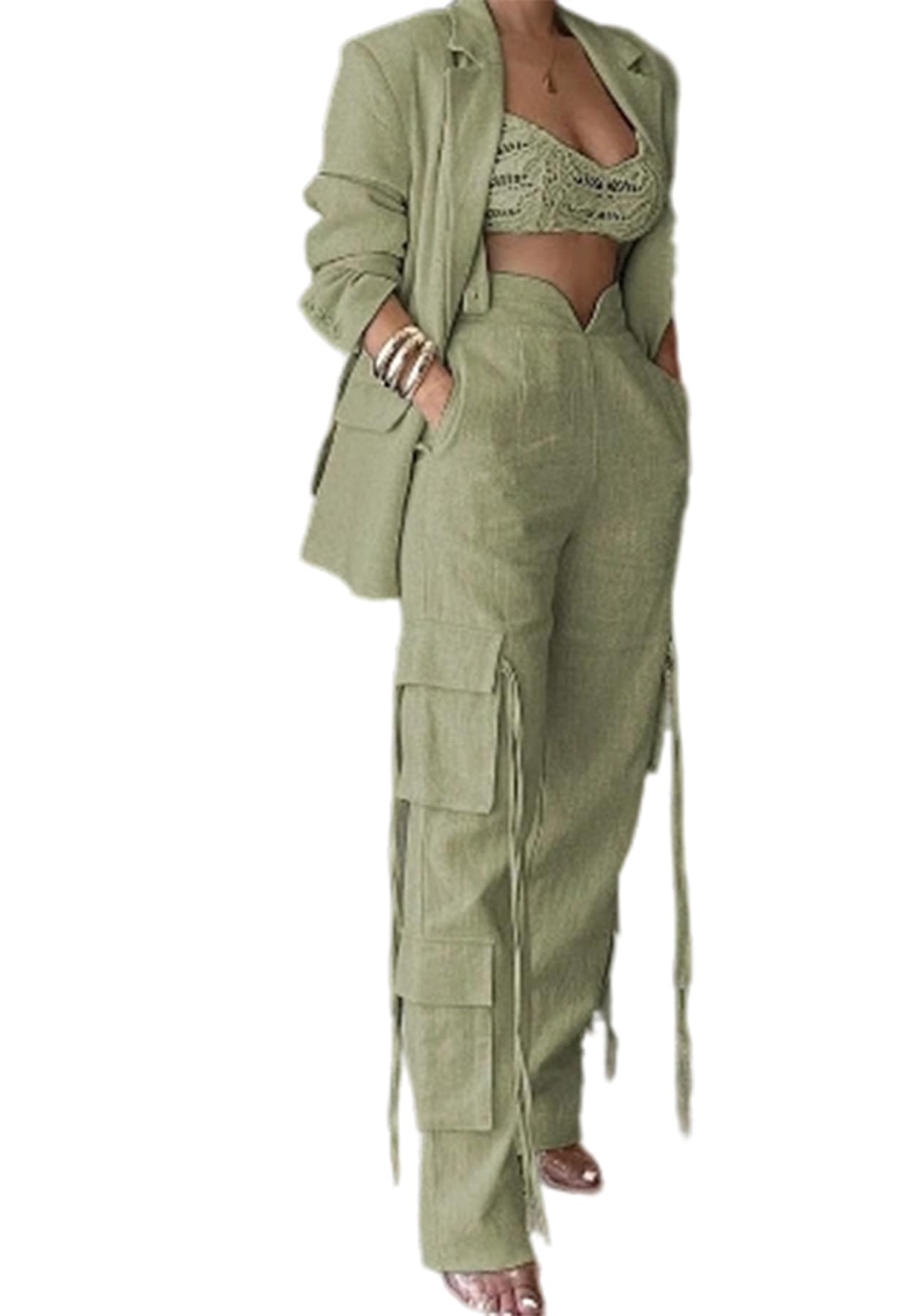 Women Fall Blazer Set 2 Piece Business Outfit Long Sleeve Blazer Jacket and Straight Wide Leg Pant Suit