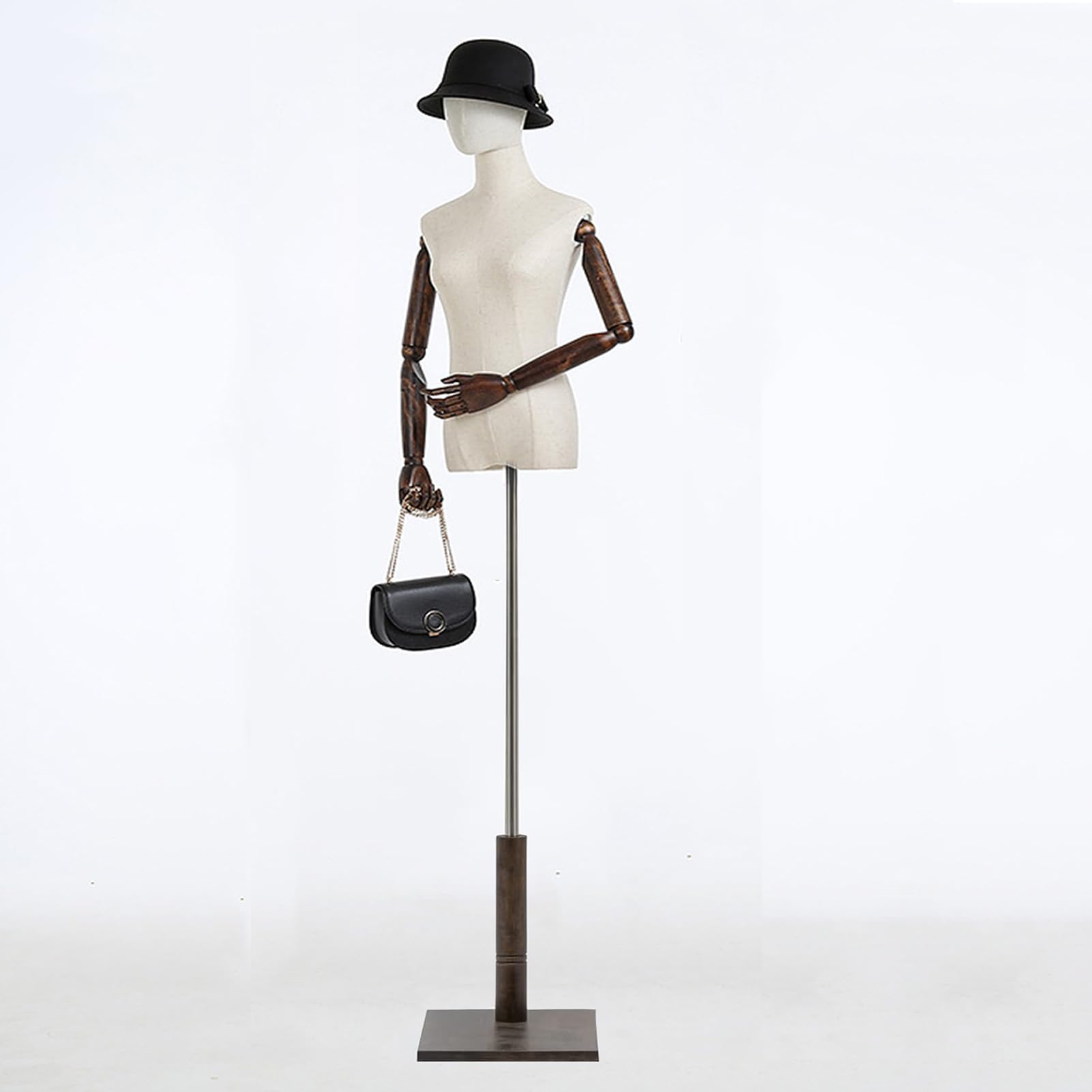 - Female Mannequin Torso Dress Form, Clothing Display Mannequin Body Stand with Head, Wooden Arms and Base for Sewing Clothing, Jewelry, Height Adjustable 47-75 Inchs (Wood Color)