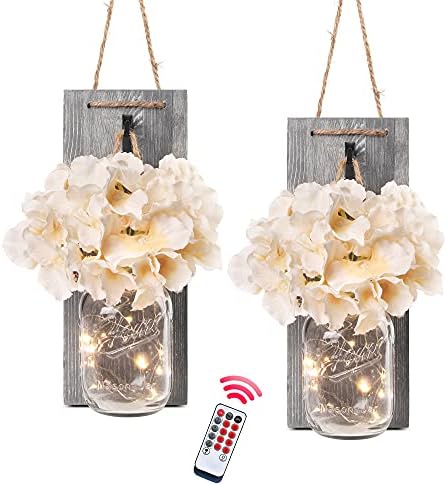 Besuerte Rustic Wooden Wall Hanging Decor with LED String Lights for Modern Living Room and Bedroom, Inspirational Country Style Vintage Wall Decoration Art, 6 Hour Timer Set of 2 Grey