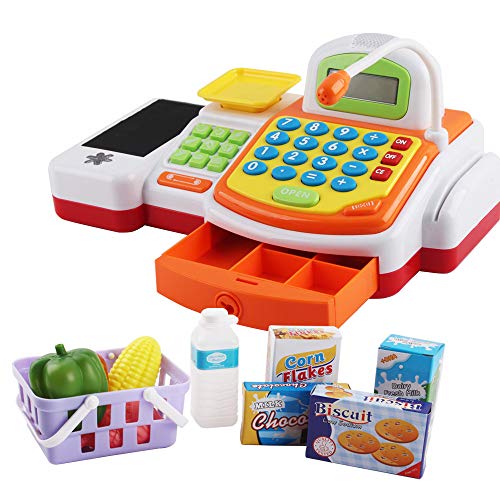 deAO Yellow Supermarket Store Toys Cash Register, Credit Card, Food, Basket Money and Grocery Items