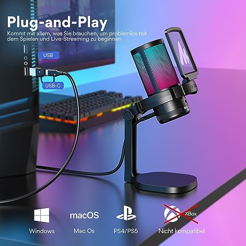 MAONO USB Gaming Mikrofon, Noise Cancellation Kondensator Microphone mit Mute, Gain, Monitoring, Pop-Filter für Streaming, Podcast, Twitch… – Ansicht 6