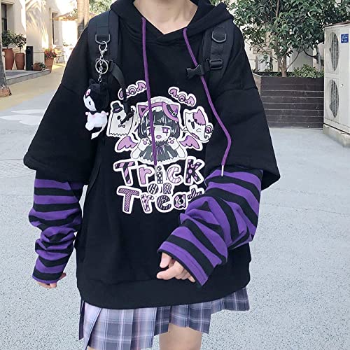 Harajuku Women's Sweater Japanese Girl Fake Two-Piece Sweater Cute Striped Loose Hooded top3