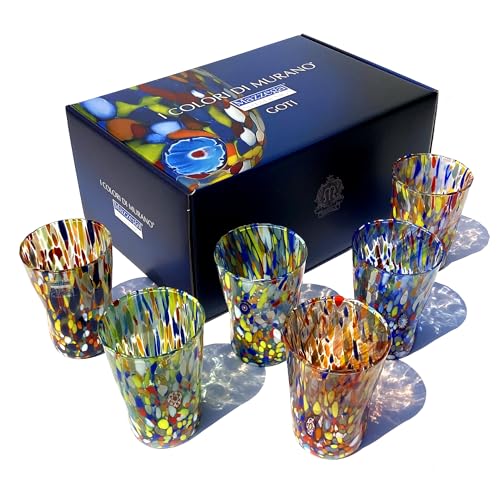 MAZZEGA ART & DESIGN - 6 vasos de bebida de cristal soplados y hechos a mano con Murrine Murano refinados y originales - Los colores de Murano - Modelo "Bibita 390 ml. Made in Italy (MIX+BOX)