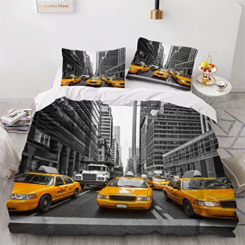 SIGOMA Housse de Couette 140x200 New York， Taxi Jaune Parure de Lit 1 Personne Imprimée Microfibre, Parure de Lit 140x200 avec 2 Taies d'oreiller 65x65 cm