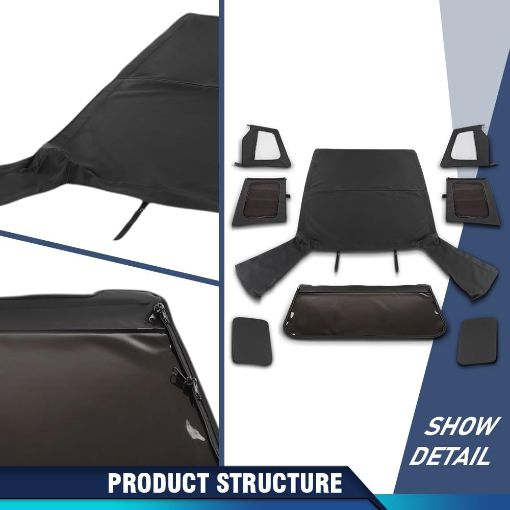 PIT66 Soft Top Sailcloth Black w/ plastic windows Compatible with Jeep Wrangler 1987 1988 1989 1990 1991 1992 1993 1994 1995 With Factory Squared Style Upper Doors Only 9870215, 9870217 Black